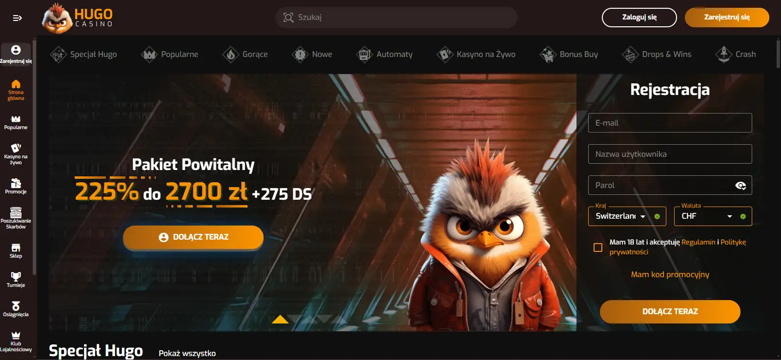 Aktualny interfejs strony głównej Hugo Casino