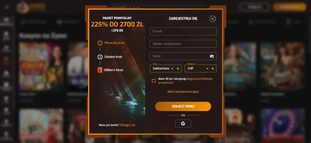 Aktualny ekran rejestracji lub logowania Hugo Casino