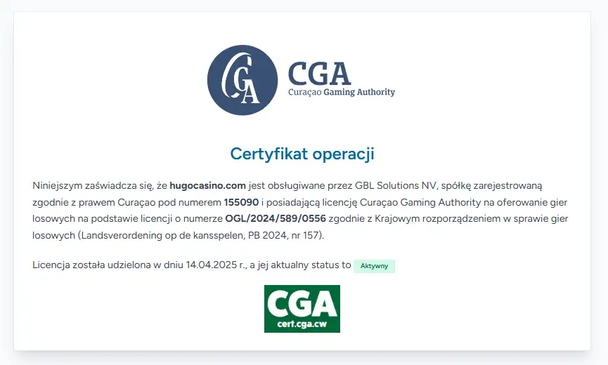 Certyfikat Curaçao Gaming Authority dla domeny hugocasino.com