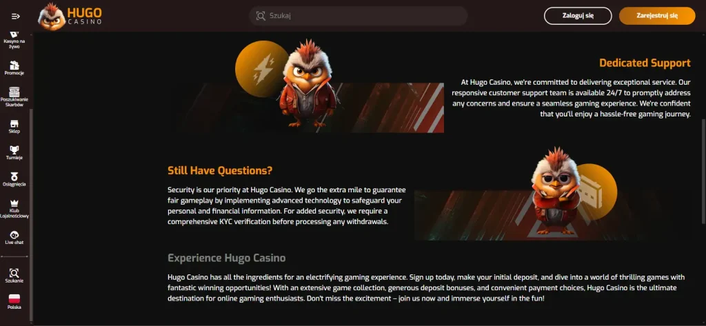 Ekran weryfikacji konta Hugo Casino