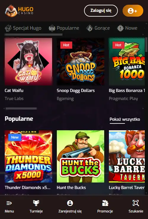 Hugo Casino w mobilnym widoku przeglądarki