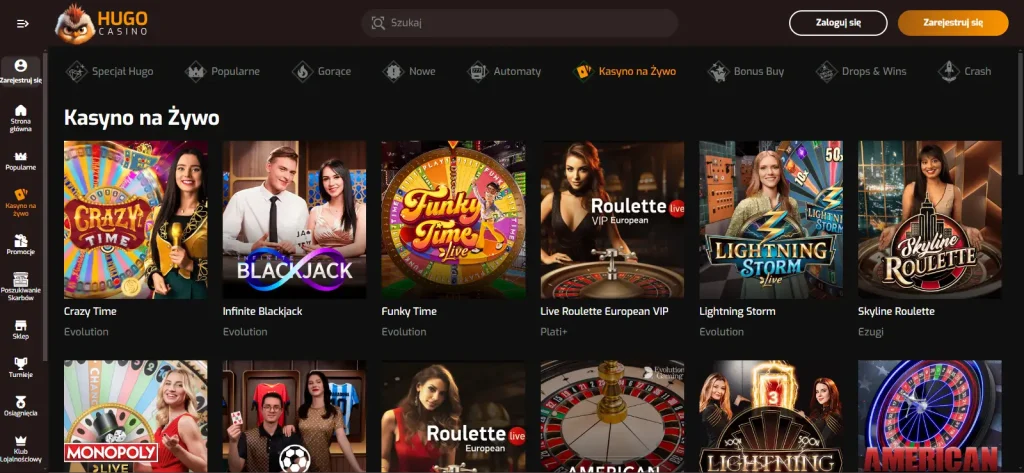 Sekcja kasyna na żywo Hugo Casino